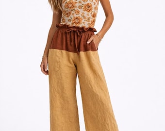 Paper bag waist two tone drop crotch pants with tie closure SZ M/L