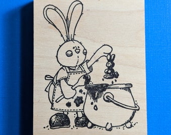 Bunny Making Chocolate Bunnies Wood Mounted Rubber Stamp