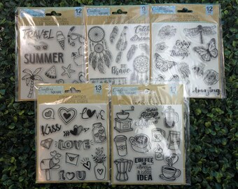 Clear Cling Stamps, Crafters Square, Coffee, Butterfly, dream, Travel, Kiss/Love, 5 Sets