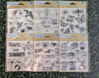 Clear Cling Stamps, Crafters Square, Coffee, Llama, Butterfly, Birds, Travel, Kiss/Love, 6 Sets