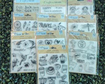 Clear Cling Stamps, Crafters Square, Coffee, Llama, Butterfly, Birds, Travel, Kiss/Love, 10 Sets