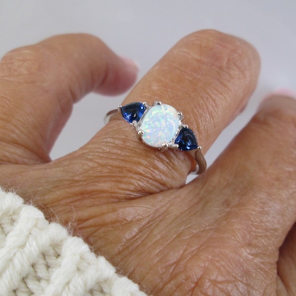 Opal & Blue Sapphire Ring>925 Sterling Opal Ring,925 Opal ring,Sterling Sapphire ring,Opal ring,Sapphire ring,Sapphire Heart ring,Opals