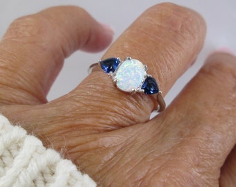 Opal & Blue Sapphire Ring&gt;925 Sterling Opal Ring,925 Opal ring,Sterling Sapphire ring,Opal ring,Sapphire ring,Sapphire Heart ring,Opals