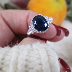 Blue Sapphire Ring&gt;Halo design 925 Sterling Sapphire Ring,Oval Sapphire ring,Sapphire Jewelry,Engagement,Birthstone,Non Tarnish