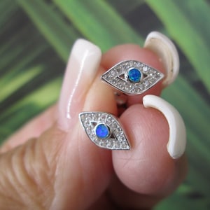 Sterling Silver EVIL EYE Stud Earrings&gt;Simulated Diamonds and Blue Opal Earrings,Evil Eye Studs,Protection,Eye Earrings,Evil Eye jewelry,925