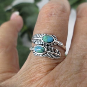 Native Sterling FEATHER Ring&gt;925 Silver Turquoise Feather Ring,Feather Wrap ring,925 Turquoise Feather ring,Native Southwestern Feather ring