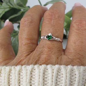 Claddagh Ring>Tiny Sterling Silver Emerald Claddagh Ring,Emerald Claddagh Ring,Celtic Ring,Tiny Claddagh Ring,Emerald and CZ Claddagh