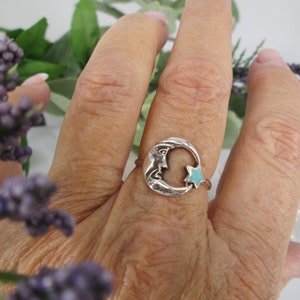 925 Sterling Moon & Star Ring>Celestial Crescent Moon ring w/Turquoise Star,Star ring,Celestial ring,Earthy,925 ring,Sterling Silver ring