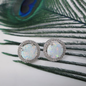 Opal Halo Stud Earrings>White Opal Stud Earrings,Classic Sterling Silver Opal Earrings,Opal Halo Design Earrings,Opal Earrings,925 Opal Stud