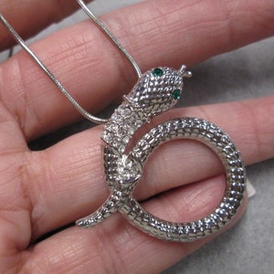 Silver SNAKE Necklace with Green Eyes and Sparkling Crystals&gt;Snake necklace,Snake Jewelry,Layering Necklace,Silver Snake 16&quot; to 20&quot; Long
