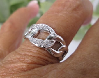 Sterling Silver CHAIN LINK Ring with CZ's>925 Chain Link Ring,Cz band,Chain Link Designer Ring,Wedding Band,Friendship Ring,Thumb Band