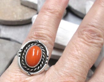 Native 925 Sterling Genuine CORAL Ring>American Tribal Coral Ring,925 Coral ring,Sterling Coral ring,Southwestern jewelry,925 ring