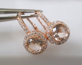 Stunning Rose Gold over Sterling Silver MORGANITE French Hook Earrings>Morganite Earrings,Rose Gold Earrings,Halo Design Earrings,Morganite