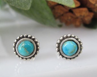 Sterling Silver Turquoise Stud Earrings>Genuine Turquoise Earrings,Round Turquoise Studs,925 Sterling Earrings,Native Turquoise,Southwestern
