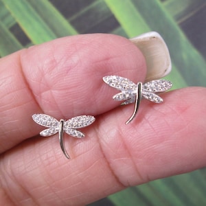 DRAGONFLY Stud Earrings>Dainty 925 Sterling Dragonfly Earrings,Simulated Diamond Dragonfly earrings,925 Sterling Silver Dragonfly Studs