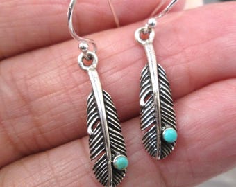 Sterling Turquoise Feather Earrings>925 Sterling Turquoise Feather Earrings,Southwestern Earrings,Custom Silver Feather Earrings,Sterling