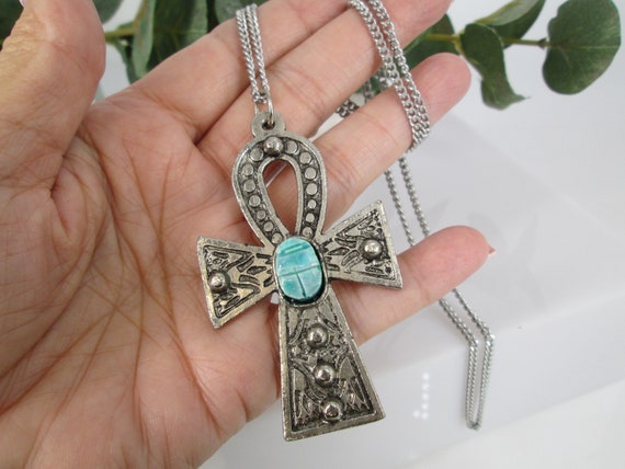 Large Silver ANKH Scarab Necklace>Blue Faience Sc… - image 5