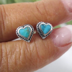 Sterling Silver Turquoise Heart Stud Earrings>Genuine Turquoise Earrings,Heart Turquoise Studs,925  Earrings,Custom Crafted,Southwestern