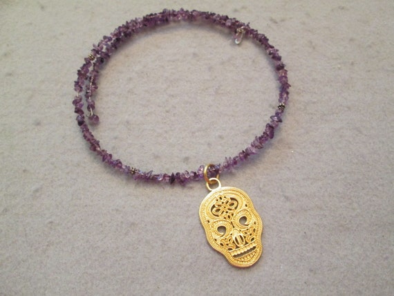 SUGAR SKULL Amethyst Choker>Choker with Gold Sugar Skull Pendant>Amethyst Necklace,Sugar Skull Jewelry,Skull Necklace,Skull Choker