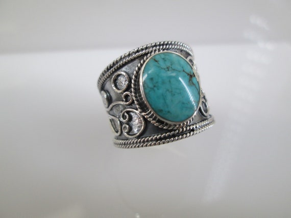 Wide Sterling TURQUOISE Bali Band Ring>Wide Bali … - image 1