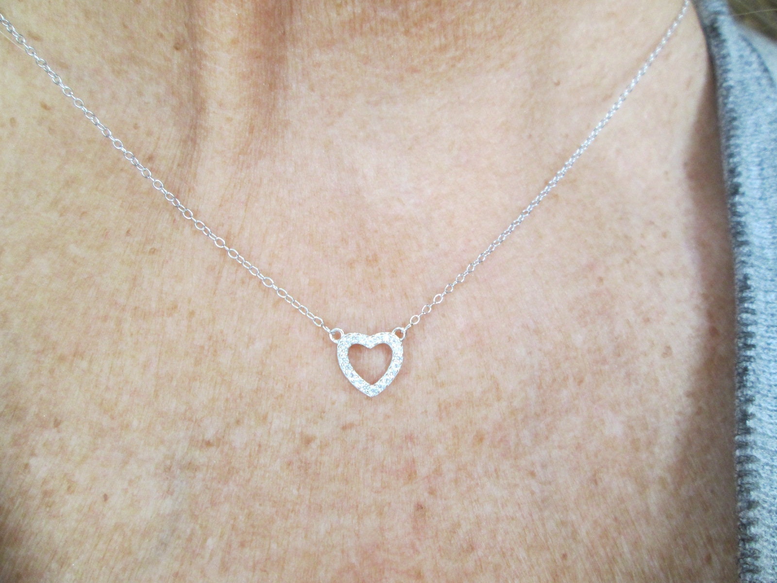 Adorable Sterling Silver & Simulated Diamond HEART Necklace>Dainty Heart Necklace,Minimalist Heart Necklace,CZ Heart necklace,925 Necklace