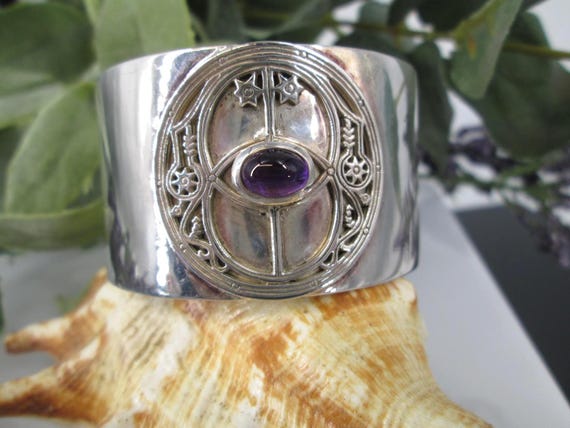 Wide Sterling Cuff>Chalice Well Silver Cuff,Amethyst Chalice Well Cuff Bracelet,925 Sterling Chalice Well Amethyst Cuff Bracelet