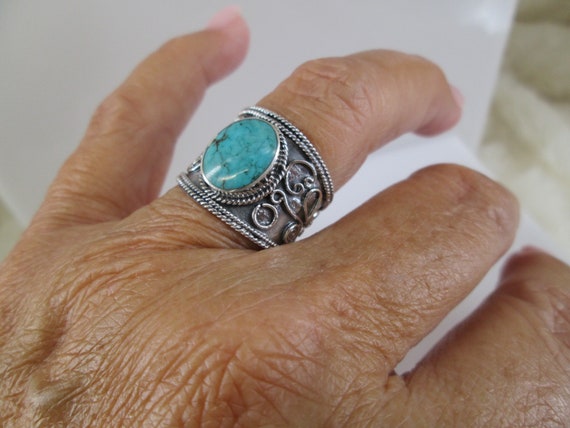 Wide Sterling TURQUOISE Bali Band Ring>Wide Bali … - image 3