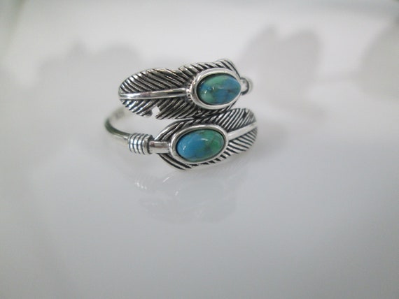 Sterling FEATHER Ring>925 Silver Turquoise Feathe… - image 4