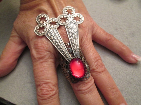 Huge Pewter Ring with RED Glass Stone>Unique Ring… - image 1