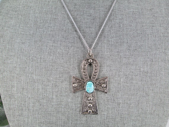Large Silver ANKH Scarab Necklace>Blue Faience Sc… - image 3