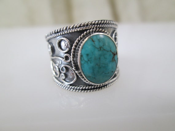 Wide Sterling TURQUOISE Bali Band Ring>Wide Bali … - image 5