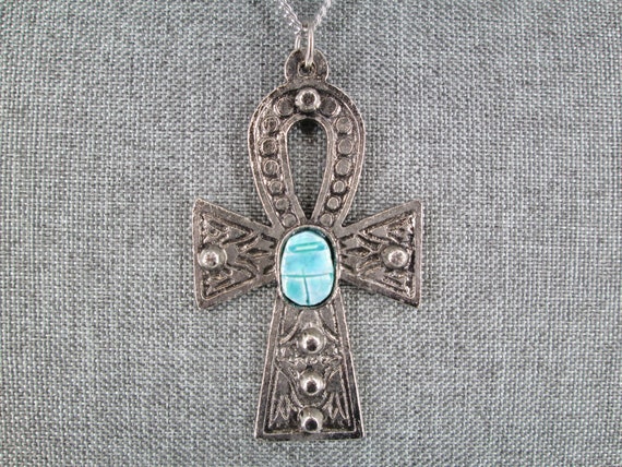 Large Silver ANKH Scarab Necklace>Blue Faience Sc… - image 2
