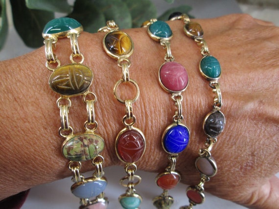 Vintage Kafin Style Glass Scarab Double Link Bracelet [A1075] - Ruby Lane