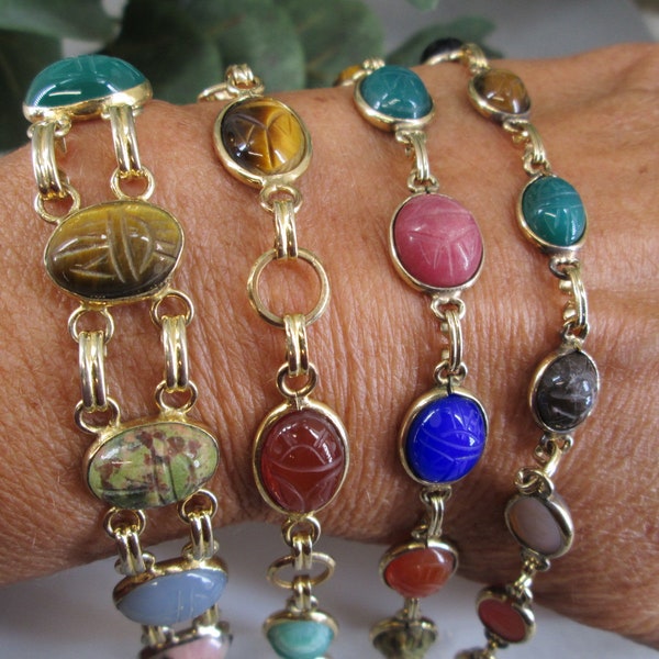 Scarab Bracelets with Genuine Semi Precious Scarabs>Genuine Stone Scarab & Gold Bracelet,12ktgf.Scarab Bracelet,Vintage Scarab,New Old Stock