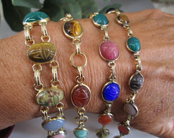 14K Yellow Gold Scarab Bracelet – 8 Inches – Multi-Gemstone Tiger Eye, Onyx, Carnelian
