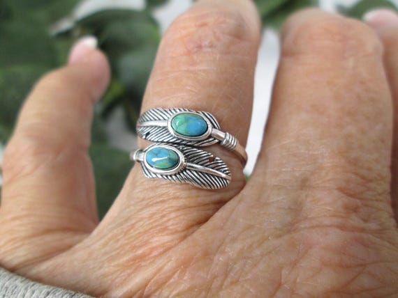 Sterling FEATHER Ring>925 Silver Turquoise Feathe… - image 1