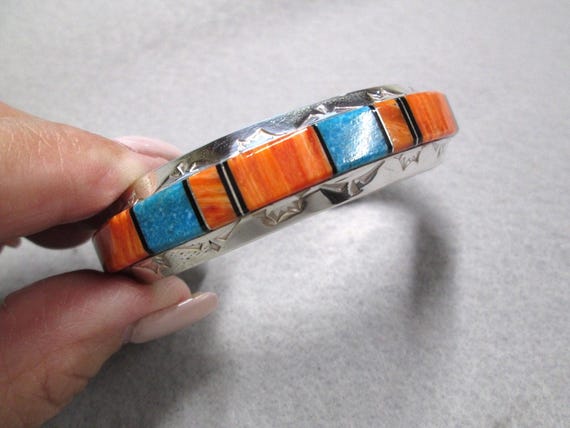 Native Turquoise & Spiny Oyster Cuff Bracelet>925 Sterling Turquoise and Spiny Oyster Cuff>Southwestern Jewelry>Turquoise,Spiny Oyster,Onyx