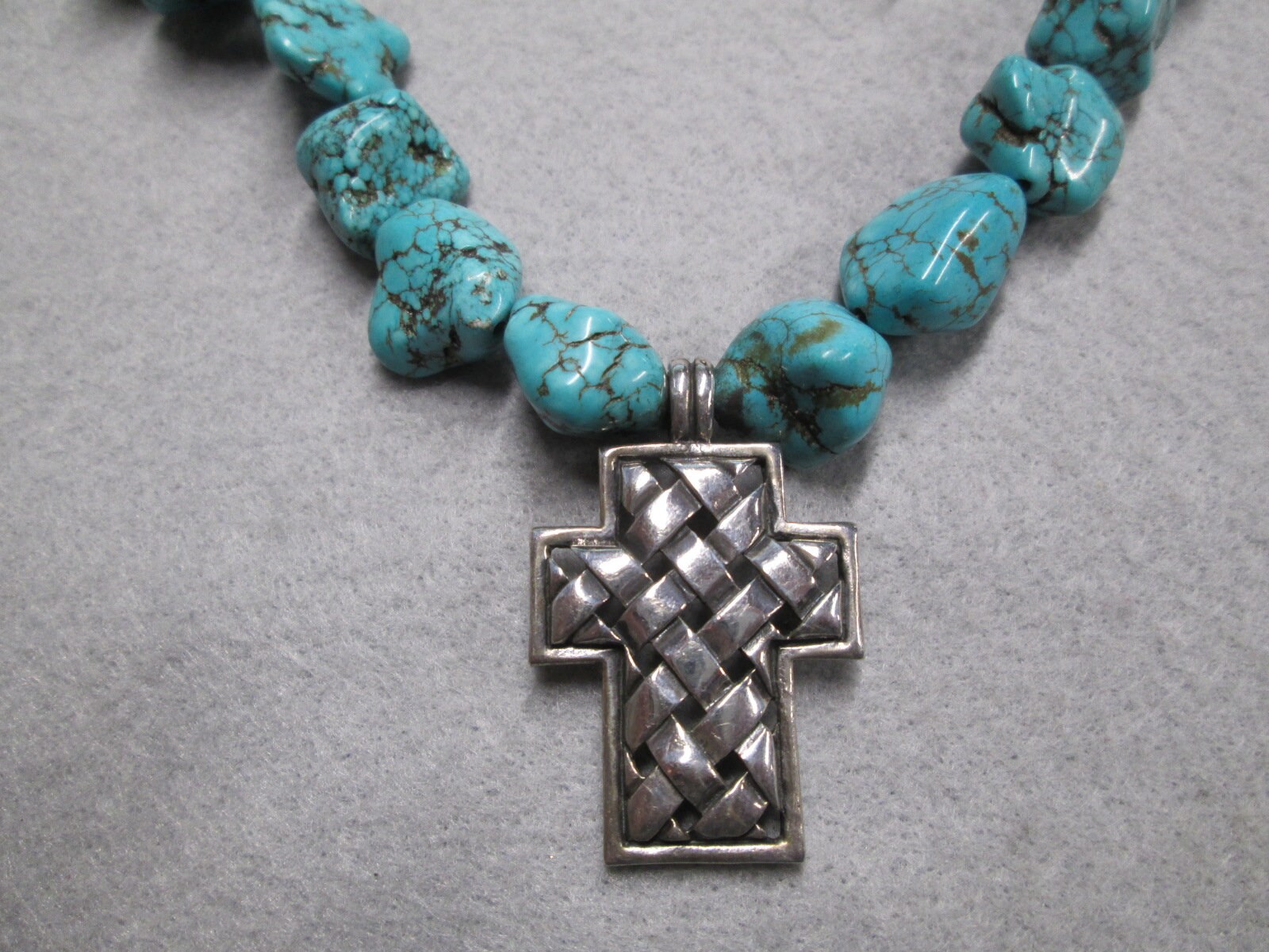 Chunky Genuine TURQUOISE 925 Sterling CROSS Necklaceturquoise