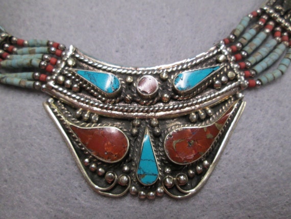 Turquoise & Coral Collar Necklace>Silver Collar n… - image 5