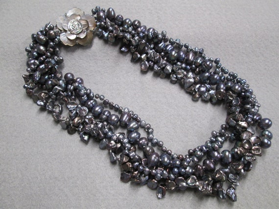 Genuine Cultured Pearl Necklace>5 Strand Gray Pea… - image 2