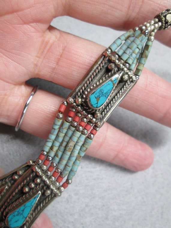 Turquoise & Coral Collar Necklace>Silver Collar n… - image 6
