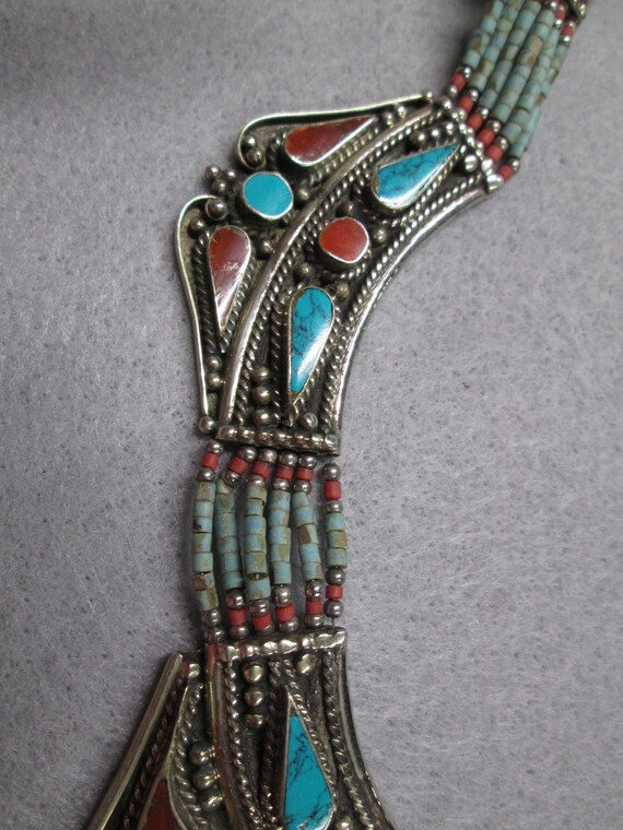 Turquoise & Coral Collar Necklace>Silver Collar n… - image 7