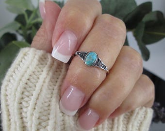 925 Turquoise Ring>Genuine Turquoise Native Style Ring,Solid Sterling Silver Turquoise Ring,Southwestern Ring,Dainty Turquoise Ring