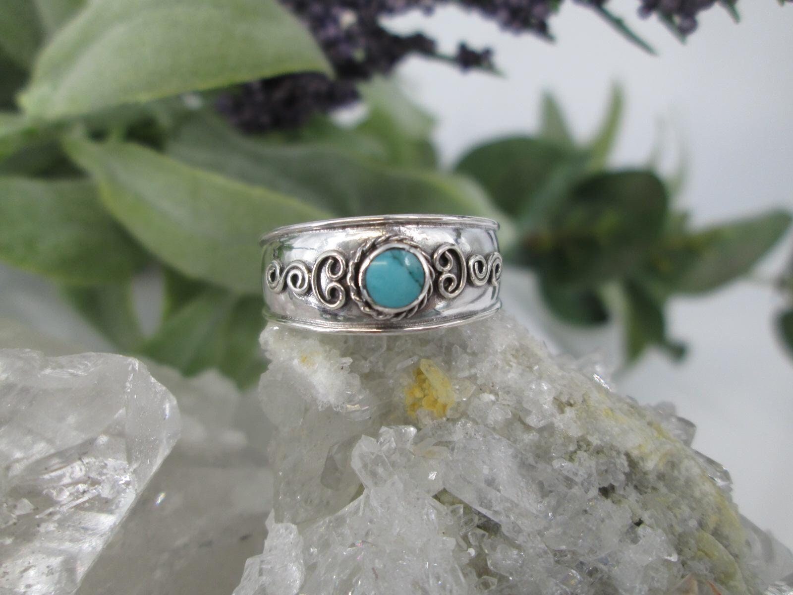 Turquoise Sterling Bali Band Ring>925 Sterling Silver Band with Genuine Turquoise,Wide Silver Turquoise Band,Wedding Band,Silver Thumb Ring