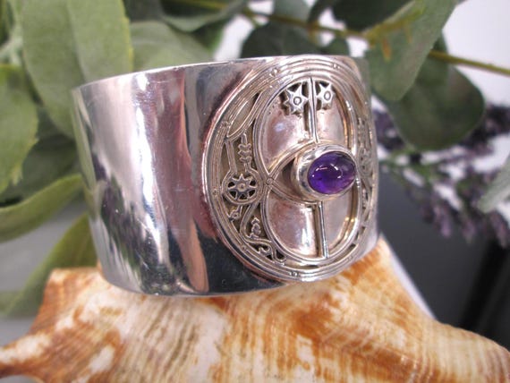 Wide Sterling Cuff>Chalice Well Silver Cuff,Amethyst Chalice Well Cuff Bracelet,925 Sterling Chalice Well Amethyst Cuff Bracelet View 6