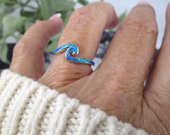 Anillo Ola del Océano > Anillo Ola 925, Anillo Ola Ópalo Azul de Plata de Ley, Anillo Ópalo 925, Anillo Ola Rompiendo, Playa, Vacaciones, Surfista, Anillo Amante del Agua