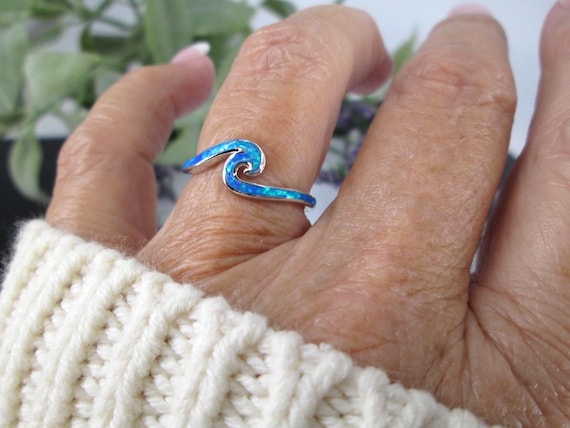 Ocean Wave Ring>925 Wave Ring,Sterling Silver Blue Opal Wave Ring,925 Opal Ring,Crashing Wave Ring,Beachy,Vacation,Surfer,Water Lover's Ring
