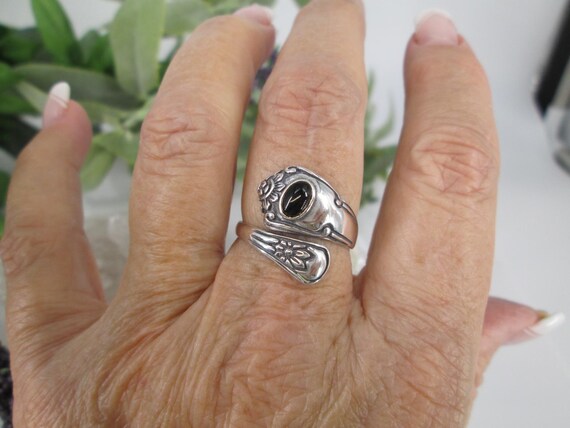 Onyx SPOON RING>Sterling Silver Spoon Ring,925 Silver Onyx Spoon Ring,Vintage Spoon Ring,Victorian Style Spoon Ring,Semi Adjustable,,Unisex