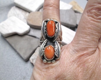 925 Sterling Genuine CORAL Ring>925 Native Coral Ring,Sterling Coral ring,Native ring,Southwestern jewelry,925 American Tribal ring