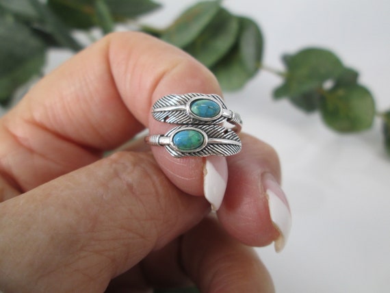 Sterling FEATHER Ring>925 Silver Turquoise Feathe… - image 3